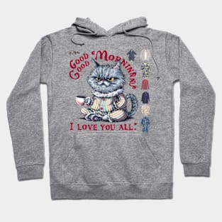 Print design of a cute Persian cat, wearing cozy pajamas and holding a steaming cup of coffee.3 Hoodie